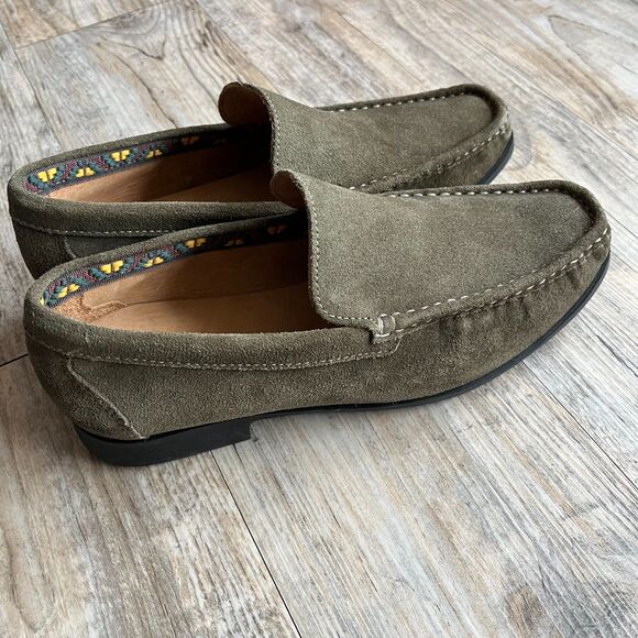 Donald Pliner Loafers Men\'s 8 M Reuben Suede Moc Toe Green Khaki Dress Shoes